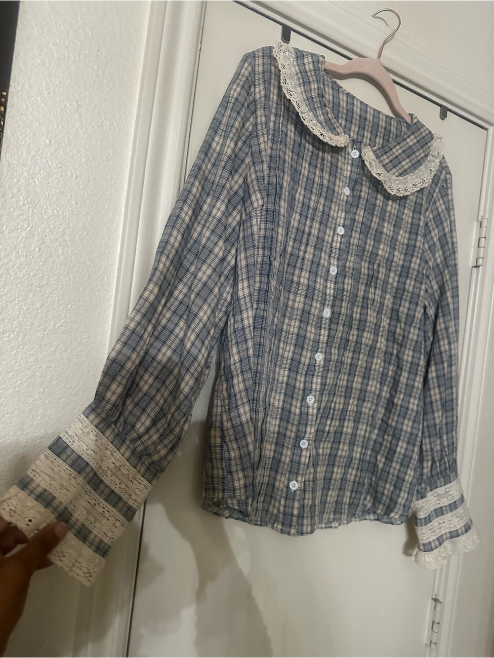 Plaid Button-Up Blouse with Lace Trim - Blue & Cream